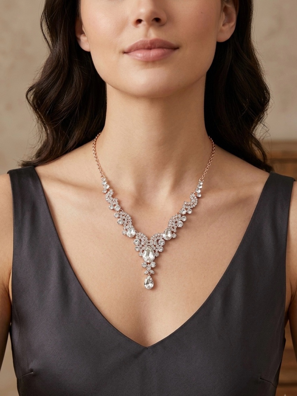 Clear Teardrop Rhinestone gold tone Necklace 
- V-Shaped Crystal Prom Evening